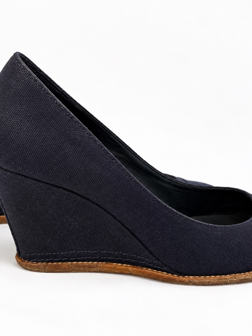 CHANEL Navy Textile Wedge Pumps – Closed Toe